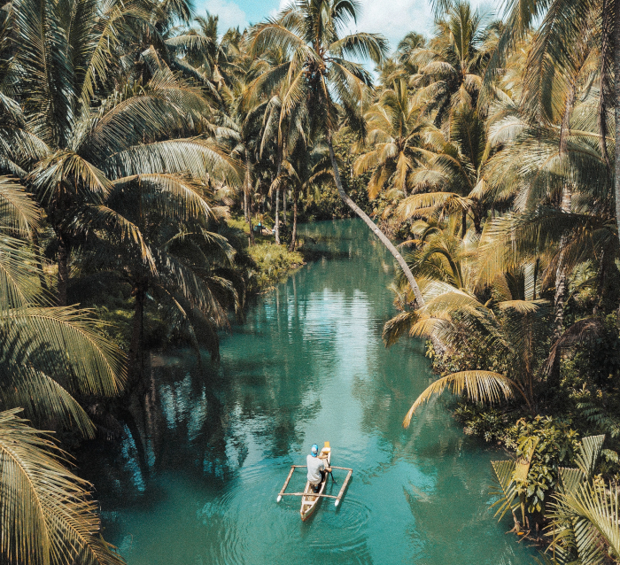 Junger Mann fährt auf einem kleinen Paddelboot durch Dschungel, Palmen, türkises Wasser